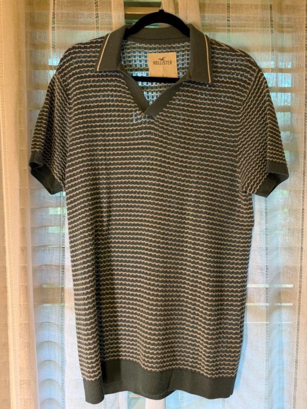 Hollister Men's Short-Sleeve Knit Polo in Olive Green and Cream Stripe